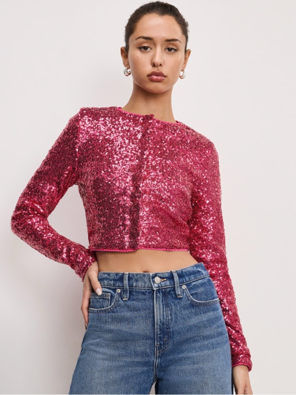 Good American Sequined Crop Long-Sleeve Top in ballerina Pink size S
